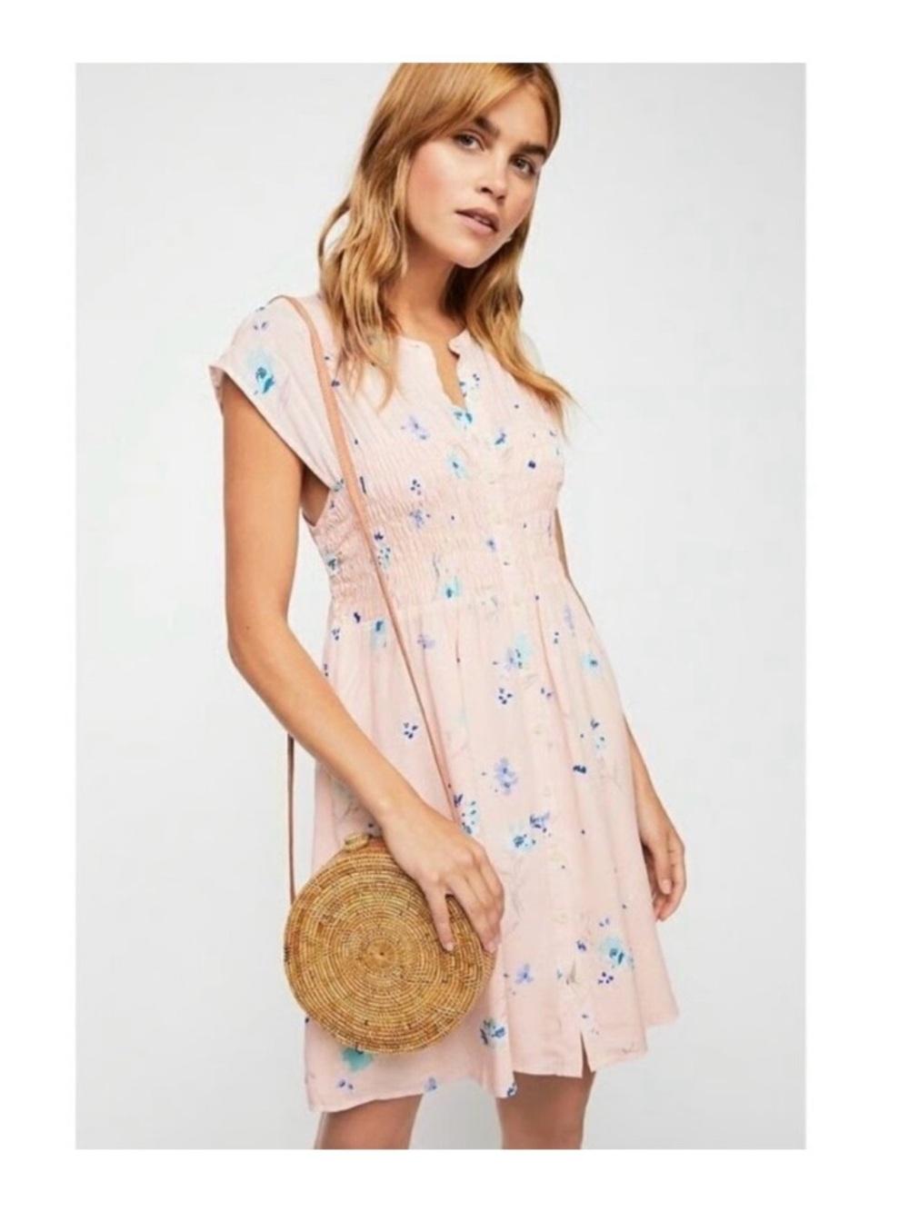 Free People Blush Pink Floral Smocked Mini Dress